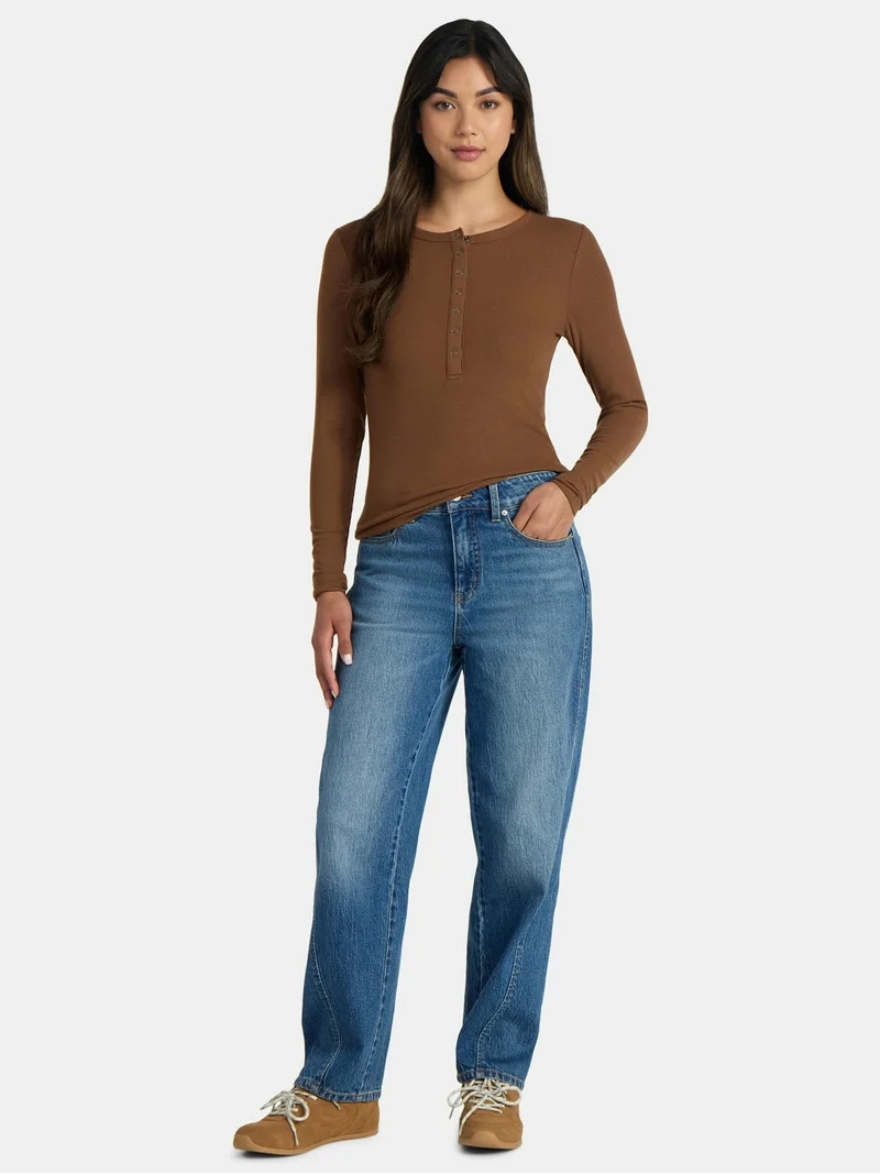 Time and Tru Women's Ribbed Henley Shirt with Long Sleeves, Sizes XS-XXXL | Walmart (US)