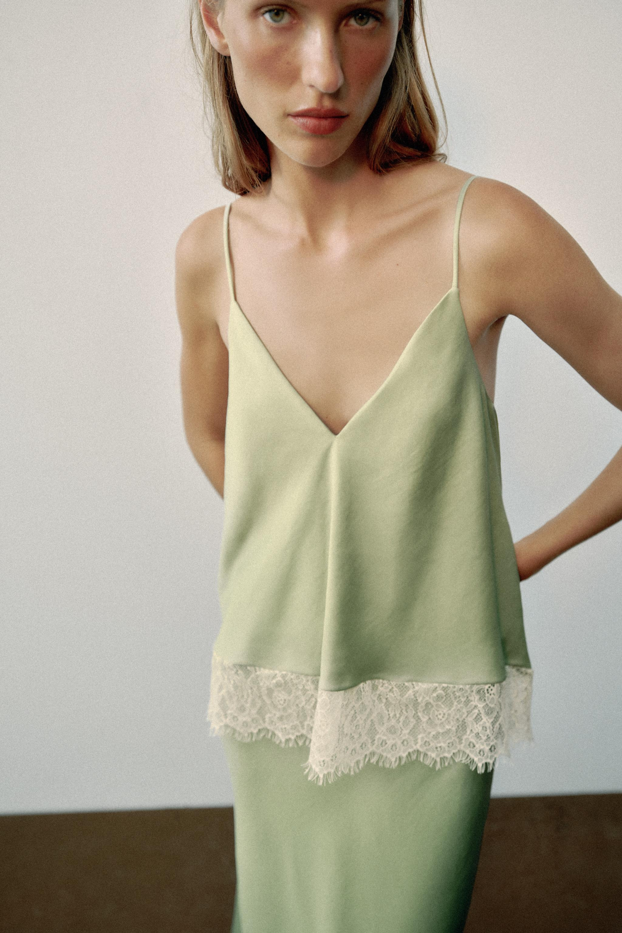 V-neck midi dress with spaghetti straps, crafted from a combination of satin and lace fabrics. | Zara US