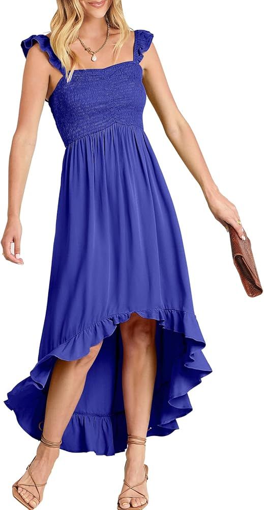 ANRABESS Womens Summer Square Neck Strap Ruffle Sleeve Maxi Dress Smocked High Low Hem Flowy Beac... | Amazon (US)