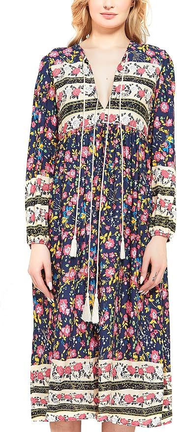 UIMLK Boho Maxi Dresses for Women Casual Summer, Cotton Long Sleeve Floral Print Tassel Bohemian ... | Amazon (US)