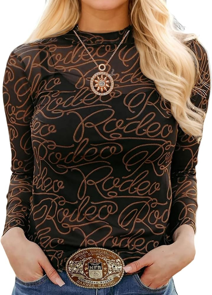 Urchics Womens Mock Neck Mesh Tops Western T Shirts Long Sleeve Layering Tops See Through Trendy ... | Amazon (US)