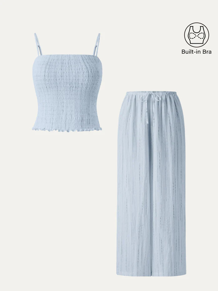 2Pcs Set Striped Adjustable Spaghetti Brami &  Striped Wide Leg Pants with Pockets | OGLmove