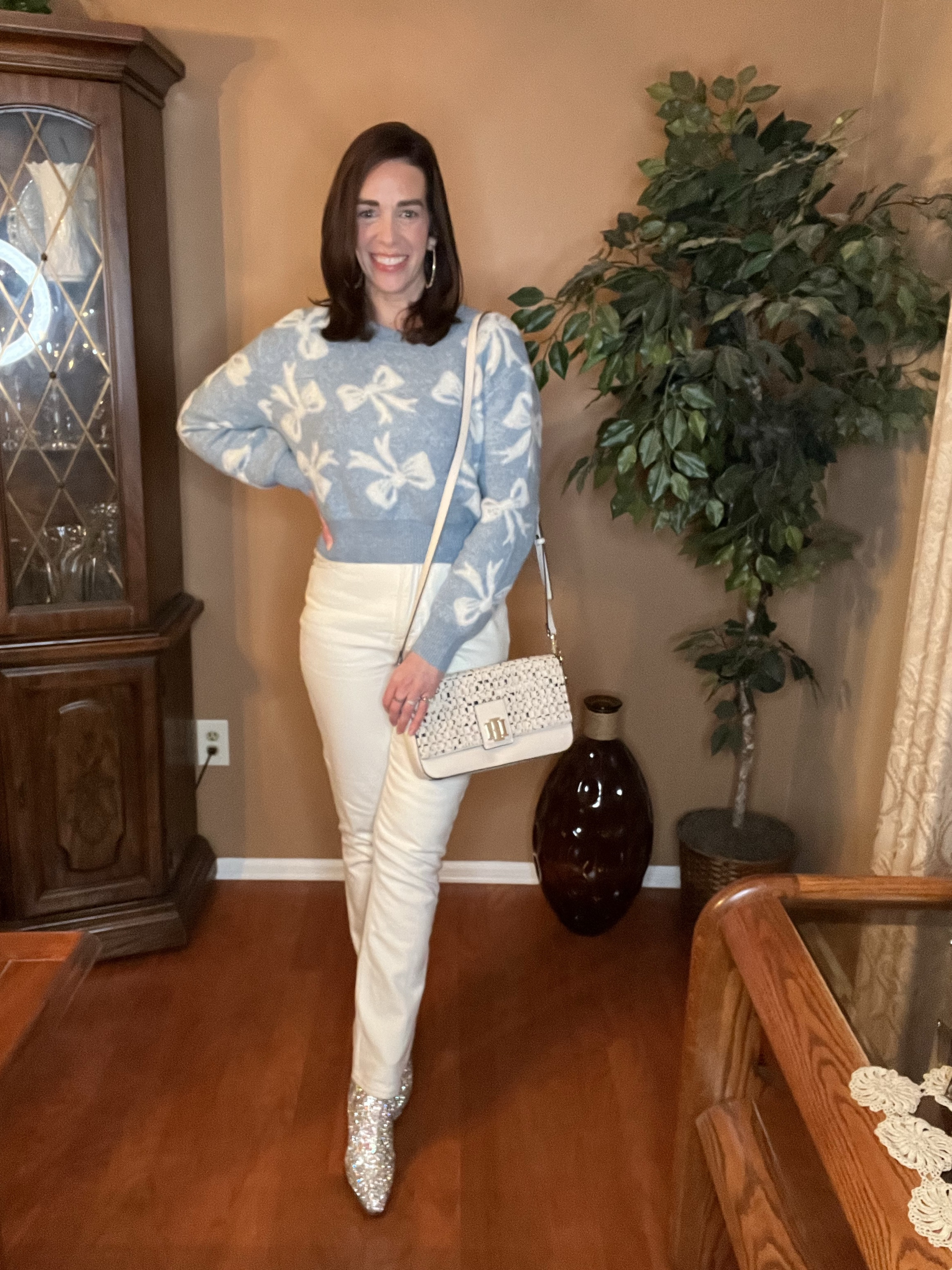 Blue and white bow cropped sweater (small). White two tone straight leg pants (27). Turquoise embellished cowboy boots (8.5). #sweater #sweaters #bowsweater #croppedsweater #pants #straightlegpants #twotonepants #whitejeans #whitepants #boots #cowboyboots #embellishedboots #winteroutfit 

#LTKSeasonal #LTKStyleTip #LTKFindsUnder100