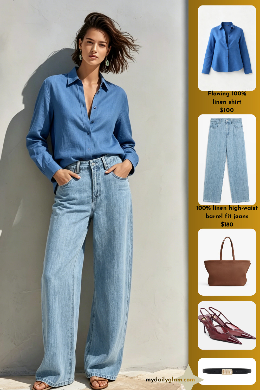 Casual Everyday Denim Outfit | Blue Linen Shirt + Light Wash Wide Leg Jeans Summer Look 

 #LTKootd #LTKOver40 #LTKWorkwear