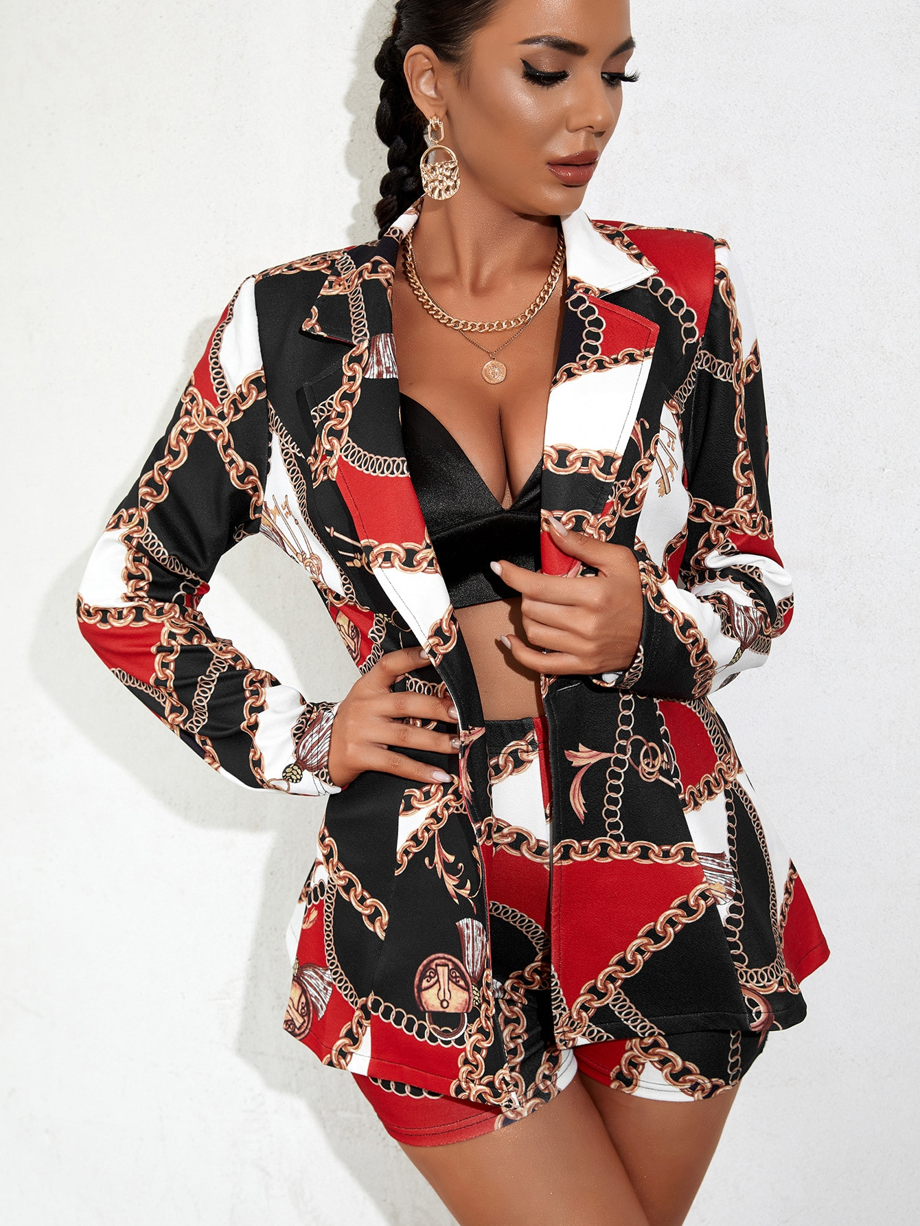 SHEIN Slayr Chain Print Color Block Blazer & Shorts | SHEIN