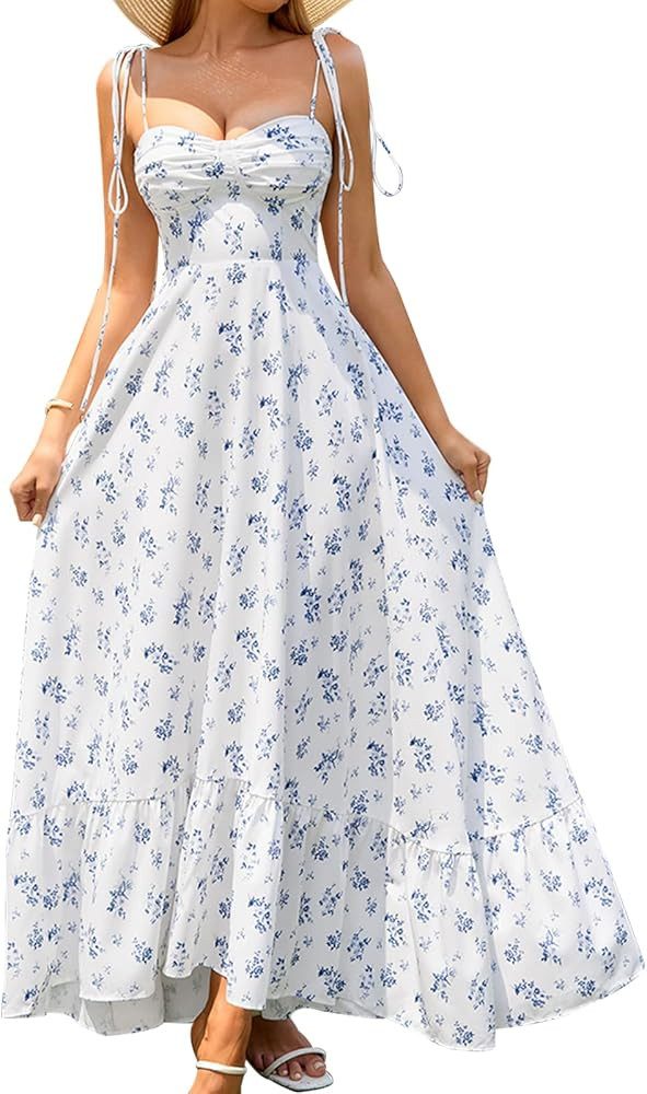 GLNEGE Women's Summer Spaghetti Strap Maxi Wedding Guest Dress Smocked Ruffle Tea Party Dresses F... | Amazon (US)