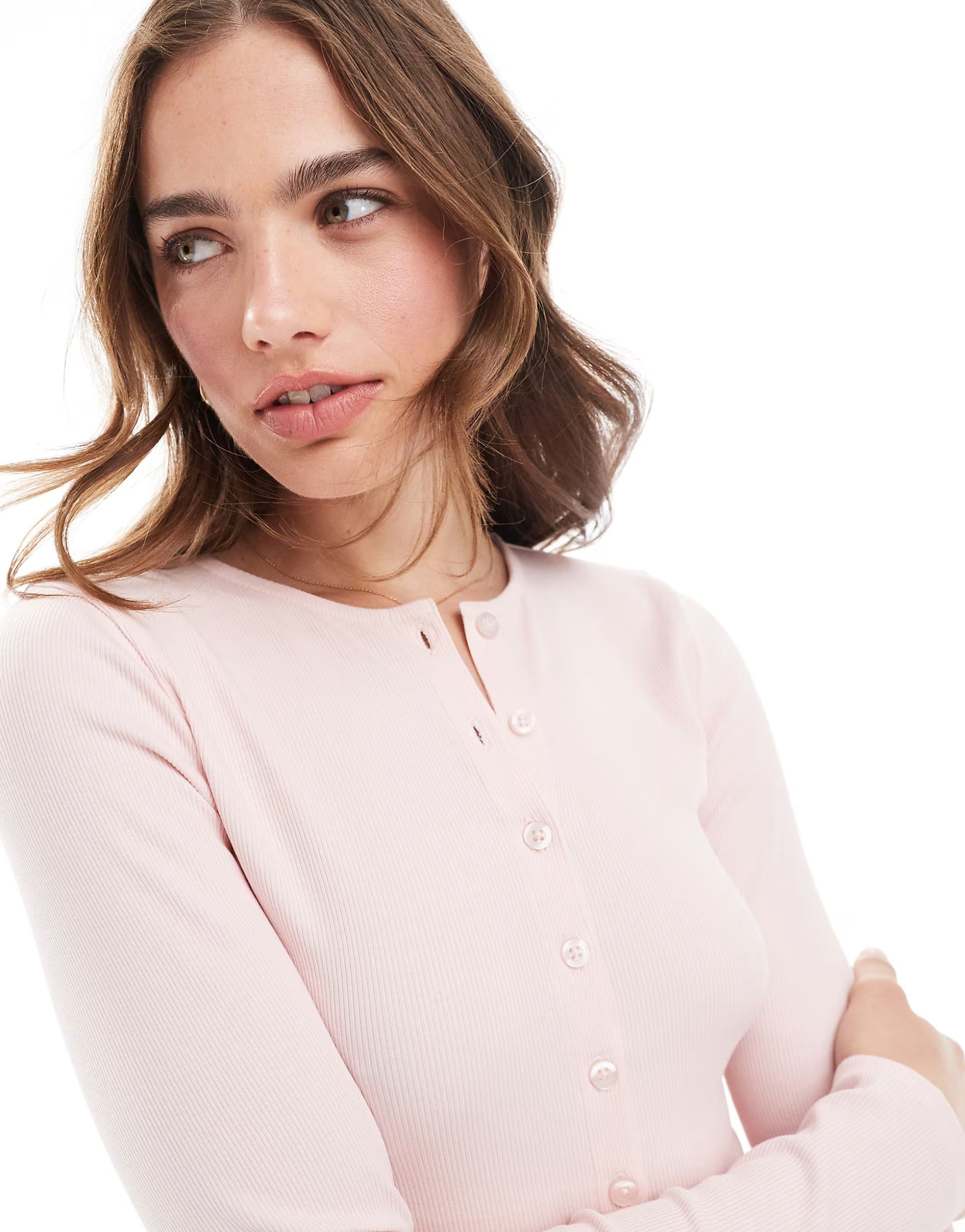 Miss Selfridge button through rib crew neck cardi in soft pink | ASOS (Global)