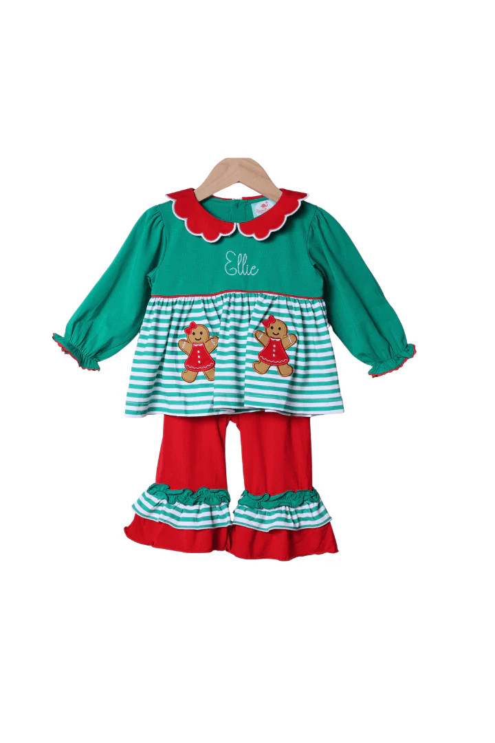 Applique Sweet Gingerbread Green Stripe Ruffle Pant Set | The Smocked Flamingo