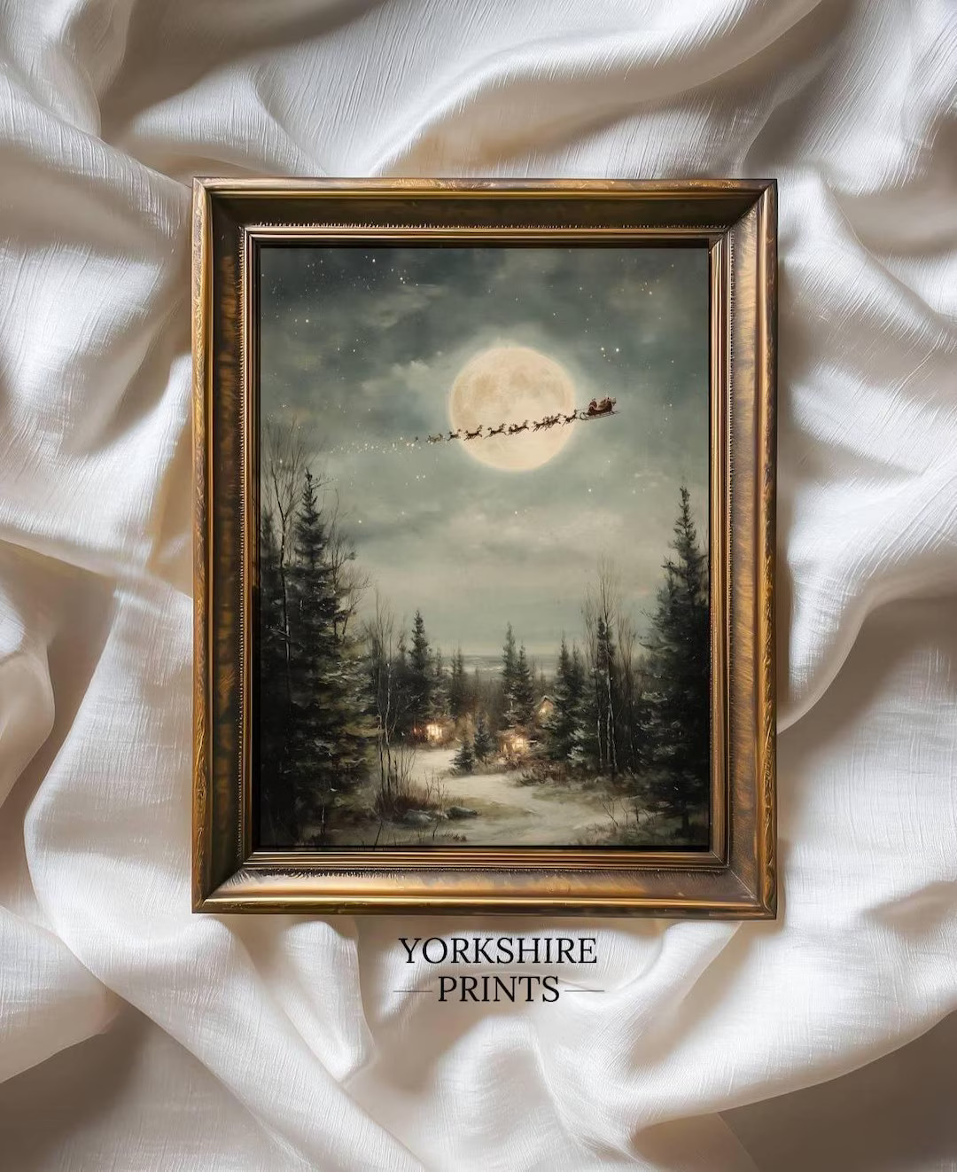 Santa Flying Sleigh Digital Print | Vintage Full Moon Christmas Oil Painting Wall Art - Etsy | Etsy (US)