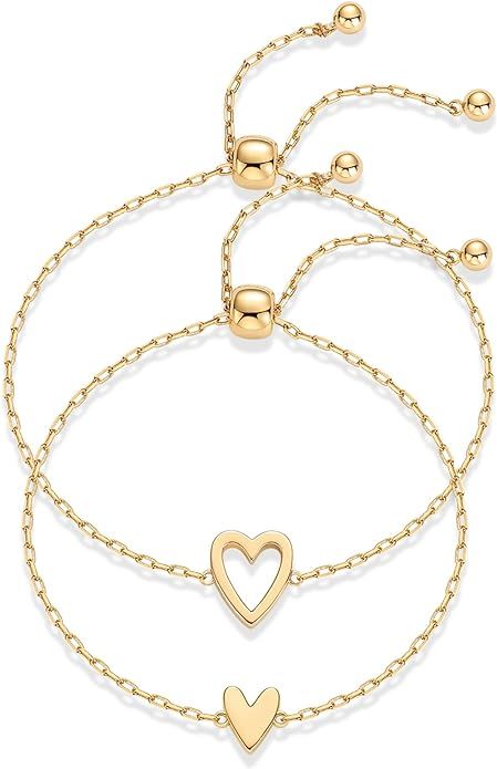 PAVOI 14K Gold Plated Matching Heart Charms Solitaire Bracelet Set for Women | Adjustable Love Fr... | Amazon (US)