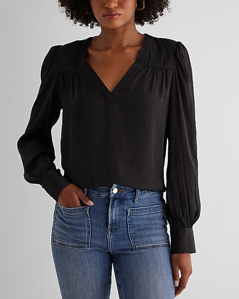 Satin V-neck Cuff Sleeve Top | Express