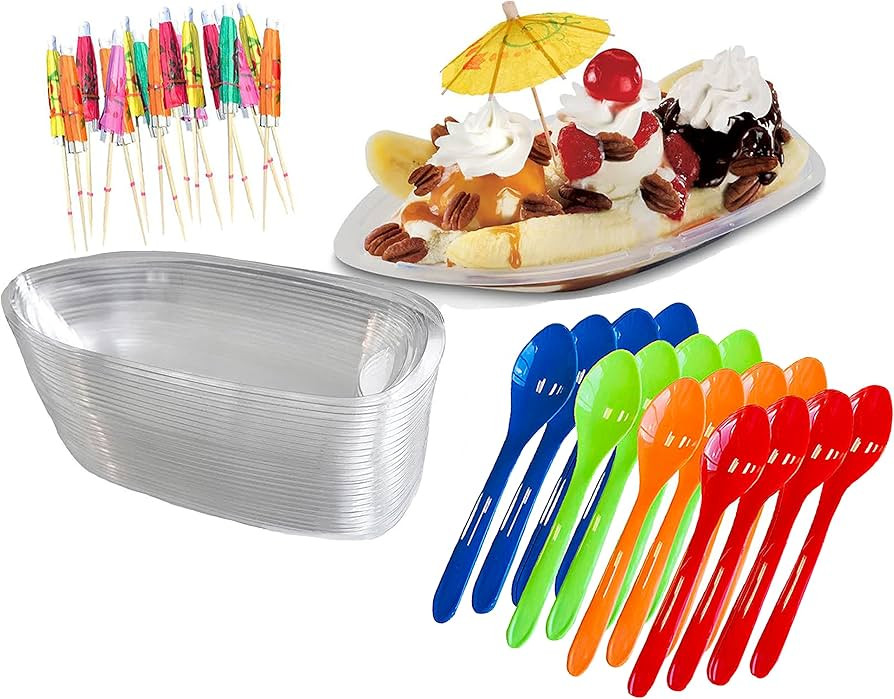 Outside the Box Papers Clear Plastic Banana Split Boats 12 oz.Disposable Dish - Paper Umbrellas -... | Amazon (US)