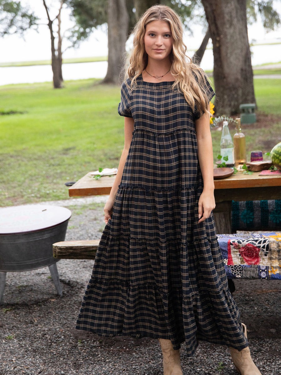 Berkley Maxi Dress Navy Tan Plaid | Natural Life