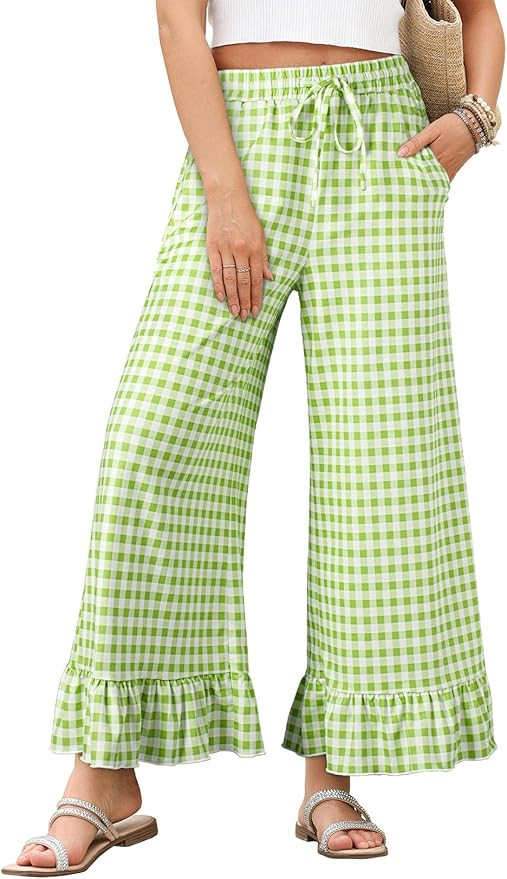 EVALESS Womens Wide Leg Pants Drawstring Elastic High Waisted Ruffle Hem Palazzo Pants with Pocke... | Amazon (US)