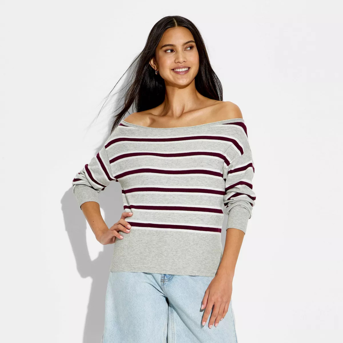 Women's Off the Shoulder Banded Pullover Sweater - Wild Fable\u2122 Gray Striped XS | Target