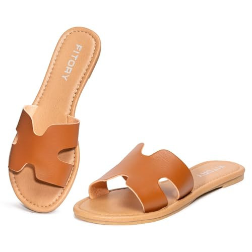 FITORY Women's Comfortable Dressy Leather Flat Sandals - Stylish & Beautiful Summer Slides Brown Size 8 | Amazon (US)