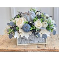 Fall Farmhouse Pumpkin Floral Arrangement, Autumn Flower Centerpiece, Green Gray Blue Pumpkin, Large | Etsy (US)