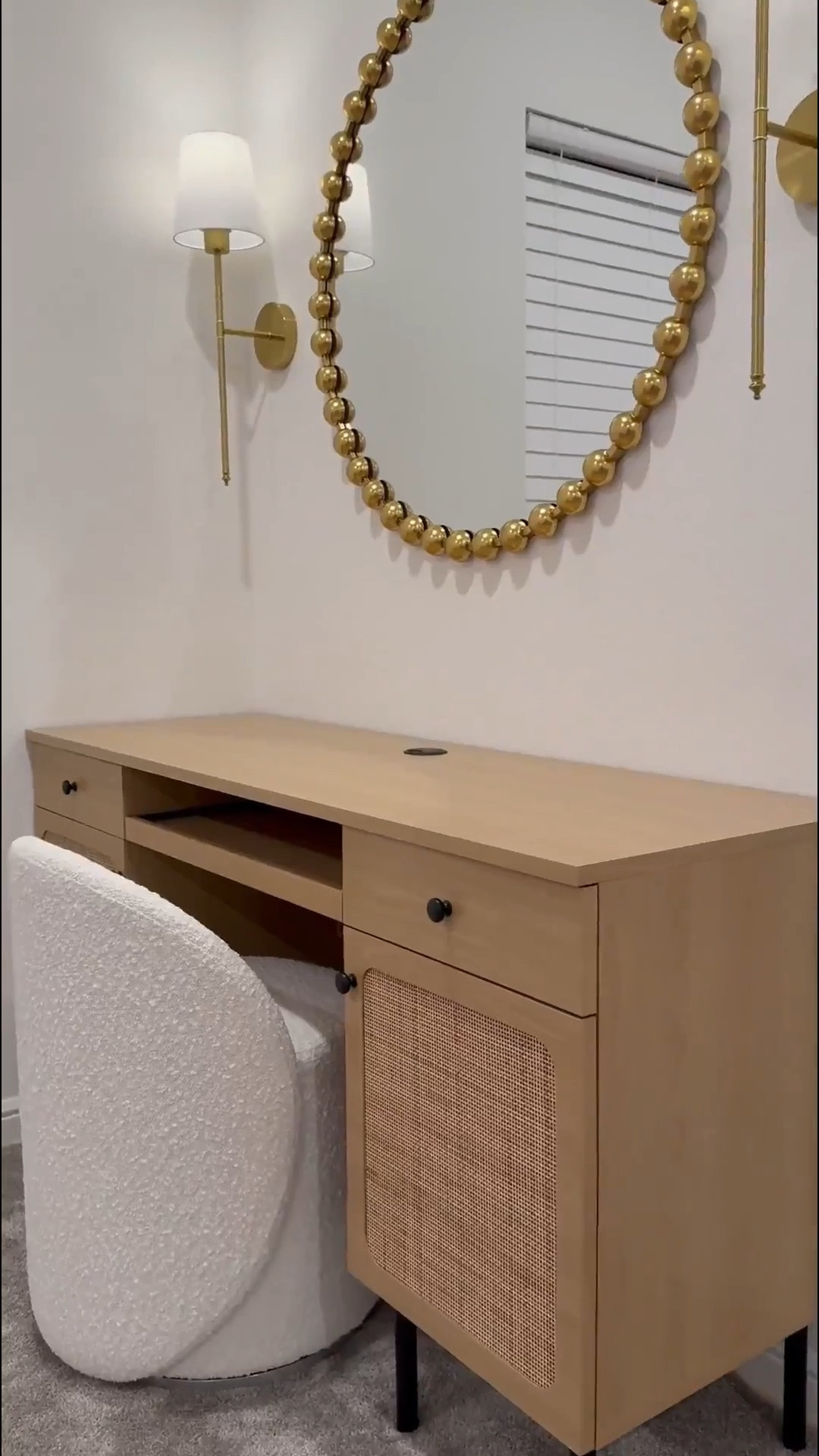 We found it! 😊 - The perfect desk  for smaller spaces….🤎 

It measures 55.5 inches in width & the wall is 57 inches. The mirror is 36x36 inches & the sconces are battery operated making them convenient to place anywhere! 🎉 …. Excited to share the rest of the room as we put it together 😊

#LTKStyleTip #LTKSaleAlert #LTKHome