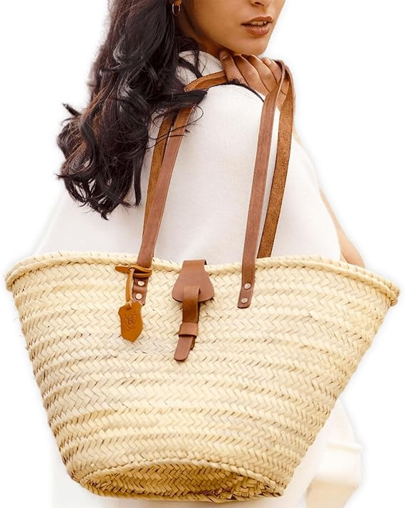 FRENCH BASKET straw bag with leather handles beach bag, straw bag, market basket, Moroccan Basket... | Amazon (US)