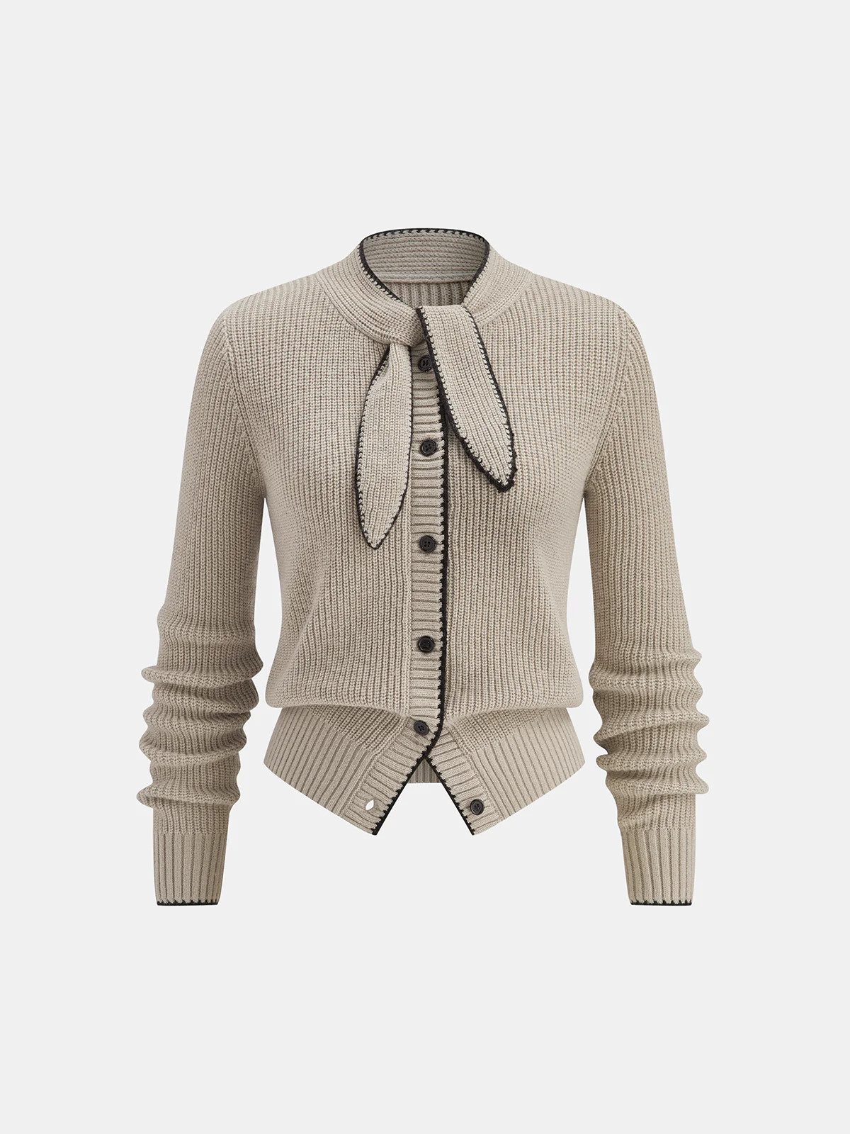 Tie Neck Contrast Trim Wool Blend Cardigan | Commense
