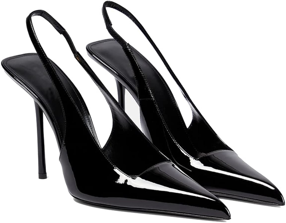 THESHY Women's Pointed Toe High Stiletto Heels Slingback Stretch Slip-on Pumps Backless Patent Le... | Amazon (US)