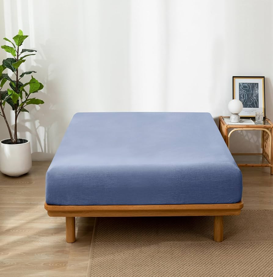 MooMee Fitted Bottom Sheet Only 100% Washed Cotton Linen Like Textured Breathable Durable Soft Co... | Amazon (US)