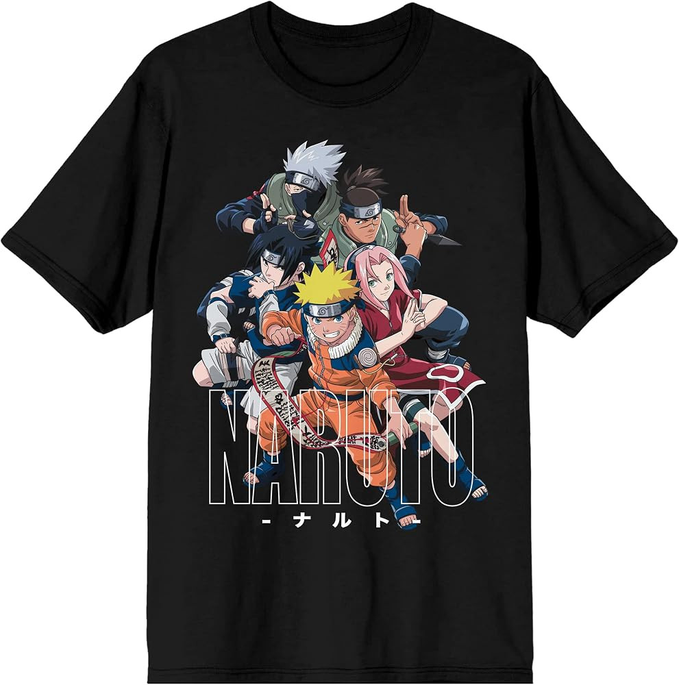 Naruto Classic Character Group with Kanji Crew Neck Short Sleeve Men's Black T-shirt | Amazon (US)