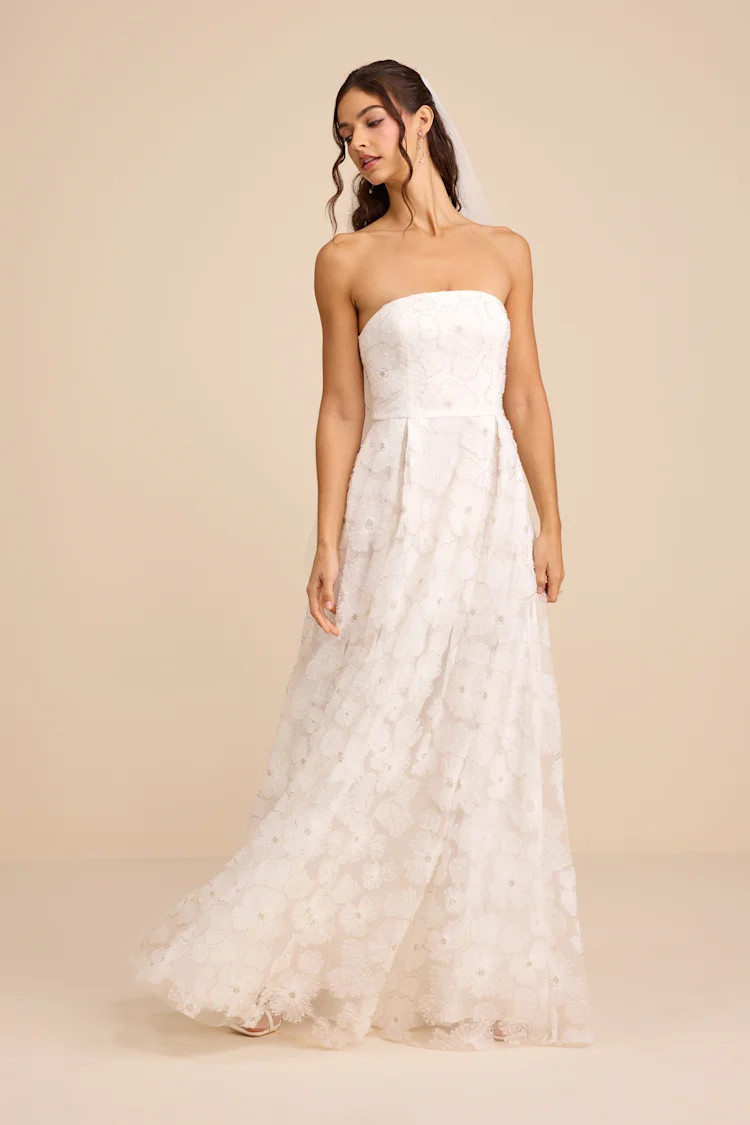 Elysande White Embroidered Beaded Strapless Maxi Dress | Lulus