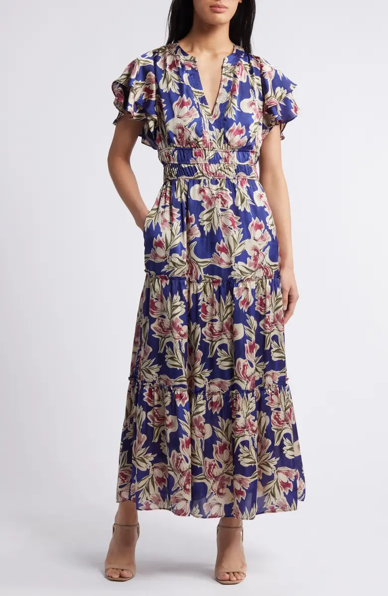 Julia Jordan Orchid Print Flutter Sleeve Satin Dress | Nordstrom | Nordstrom