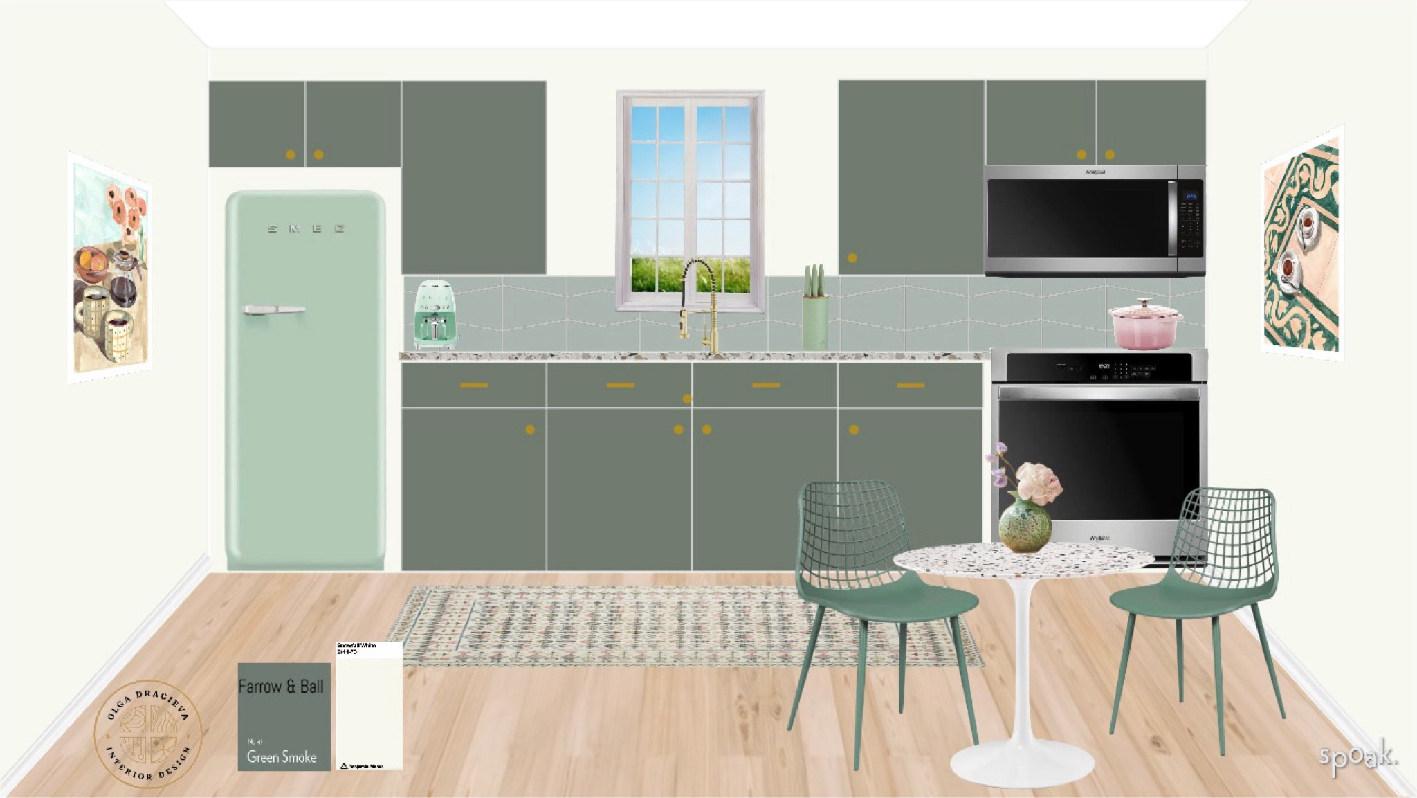 Kitchen design/moodboard! I love the Smeg retro fridge, terrazzo countertops and terrazzo dining table, green plastic dining chairs, smeg coffee maker, poster art from Disenio and floral rug. Farrow & Ball Green Smoke paint. 

#LTKhome #LTKSeasonal #LTKstyletip