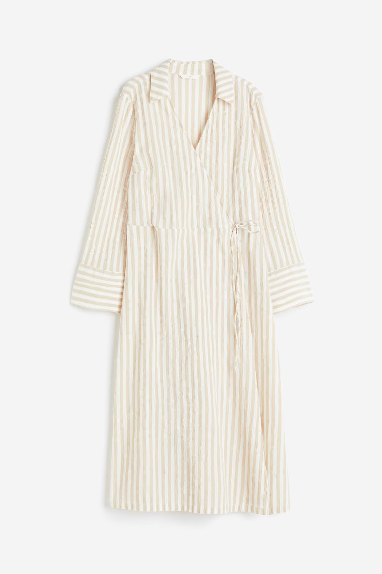Wrapover Shirt Dress - Long sleeve - Midi - Beige/striped - Ladies | H&M US | H&M (US + CA)
