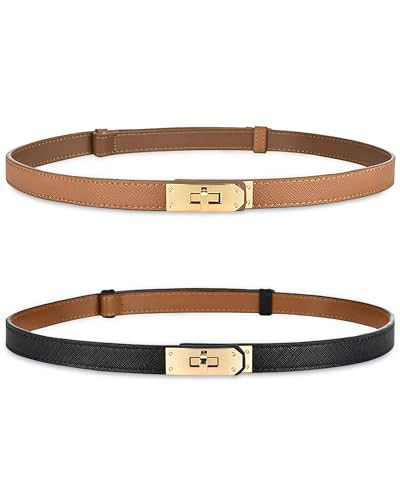 ANHAISHUILV Women's Skinny Leather Belt with Adjustable Golden Turn-Lock Buckle - Ideal for Dresses, Jeans, and Coats, Caramel Black | Amazon (US)