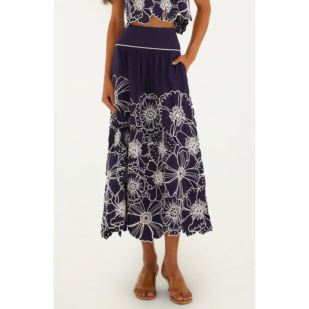 FARM Rio Flowers Richelieu Cotton Midi Skirt in Blue at Nordstrom, Size X-Small | Nordstrom