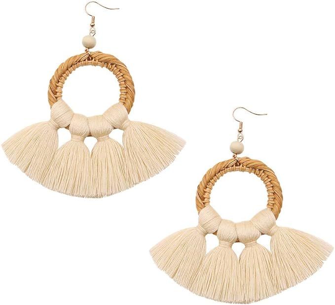 Bohemian Large Circle Wooden Rattan Tassel Dangle Earrings with Thread Fringe for Women Girls | Amazon (US)