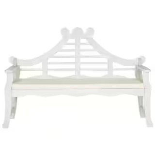 SAFAVIEH Azusa 62.8 in. 3-Person Antique White Acacia Wood Outdoor Bench with Beige Cushions | The Home Depot