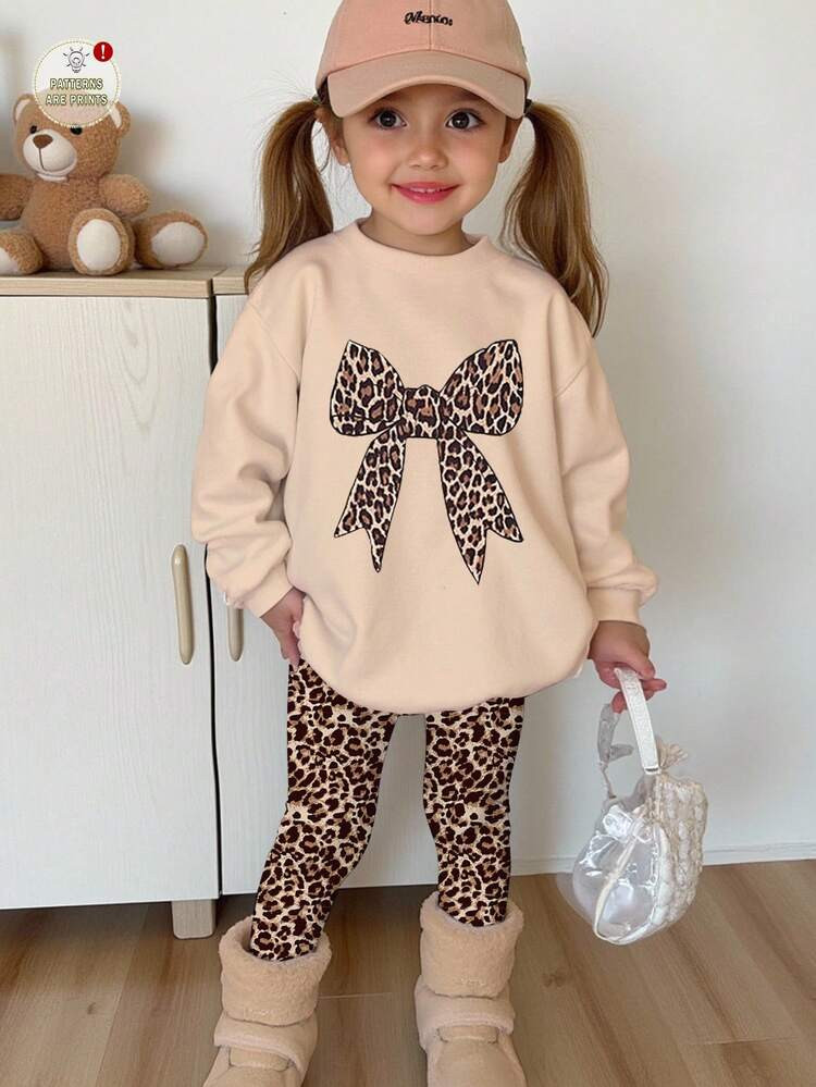 SHEIN Happikins 2pcs/Set Girls Casual Vintage Leopard Print Bow Decor Round Neck Long Sleeve Swea... | SHEIN