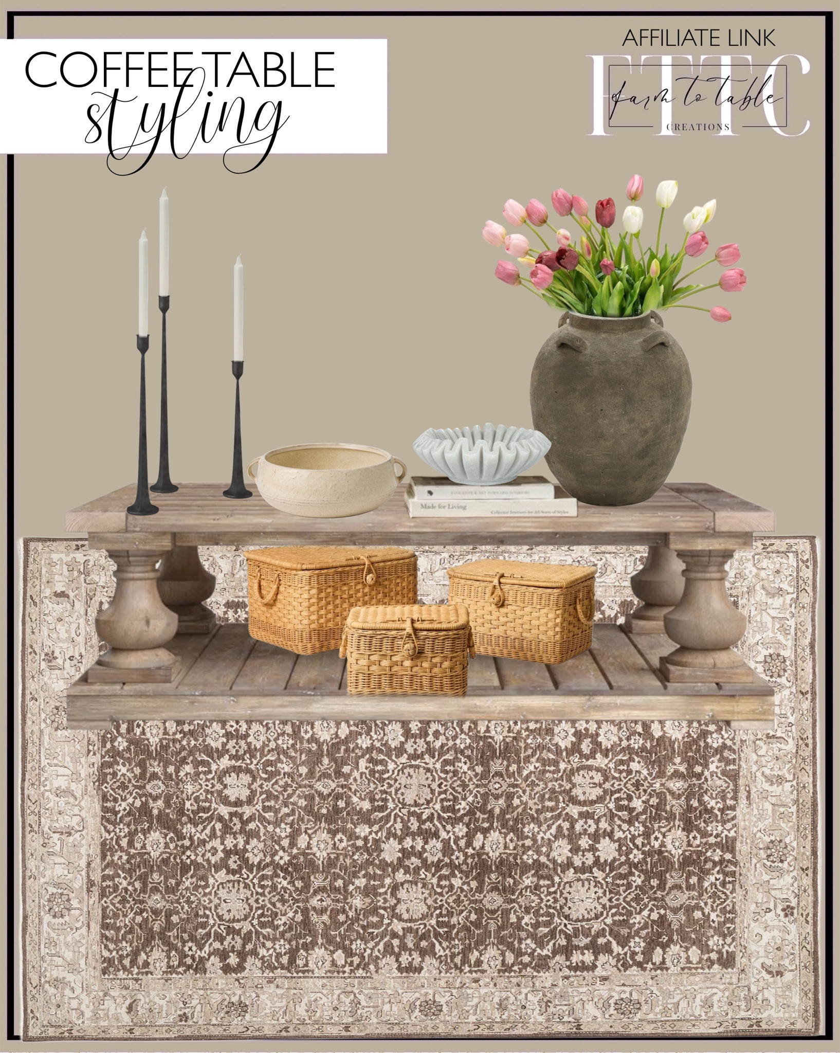 Coffee Table Styling. Follow @farmtotablecreations on Instagram for more inspiration.

Solid wood coffee table. Artificial Tulips. Candlesticks. Hand knotted wool rug. Rustic Brown Terracotta Round 15.4-Inch Tall Vase. Fluted Bowl. Bowl with handles. Lidded Rattan basket. 

Coffee Table |  Bedroom Finds | Neutral Stems | Spring Stems | Bookshelf Decor | Bedroom Space | Cozy Corner | Bathroom | Curated Entryway | Spring  Decor | End of Year Clearance | Trending Decor | Viral Decor | Amazon Holiday | Bedroom corner | Coffee Table Decor | Neutral Decor | Fall Stem Sale | Target Finds | Skinny Bench | Bedroom | Living Room | Breakfast Nook | Amazon Home | Target Sale | Loloi Rugs | Magnolia Home | console table | console table styling | faux stems | entryway space | front porch decor | neutral decor | entryway decor | cozy home | affordable decor |  home decor | home inspiration | console styling | entryway rug | cozy moody home | moody home decor | neutral home | bathroom decor | living room | spring decor | Hearth & Hand | Studio McGee




#LTKSaleAlert #LTKFindsUnder50 #LTKHome