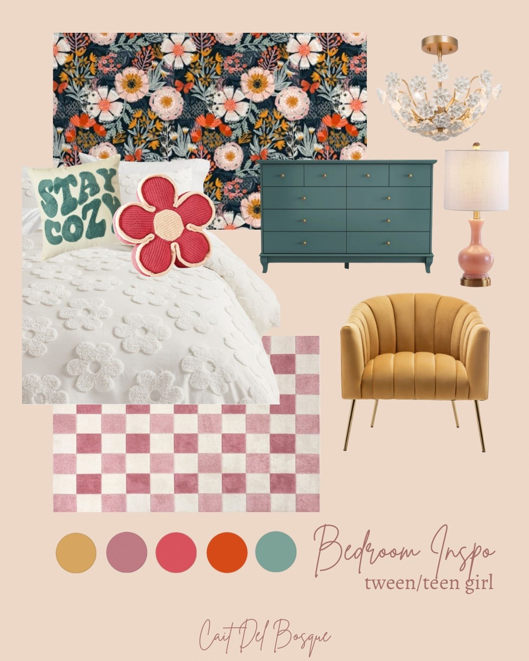 Pre-Teen/Teen Girl Bedroom Inspo! ✨

Bring bold personality + playful charm into your preteen or teen girl’s bedroom with this curated look full of color, texture, + fun floral vibes! 🌼💫 A statement floral wallpaper sets the tone, perfectly balanced by a cozy daisy tufted duvet, vibrant checkered rug, + whimsical pillows. The mustard velvet scallop chair adds vintage flair, while the blush lamp + gold-accented chandelier bring a touch of glam. The teal dresser anchors the space + ties in beautifully with the bold, colorful palette.

colorful teen bedroom, floral wallpaper, tween girl bedroom inspo, retro checkered rug, velvet scallop chair, daisy bedding, teen girl room ideas, modern vintage decor, pottery barn teen, amazon, wayfair, girls room, bedroom, bedding, accent chair, dresser, bedroom ideas, bedroom furniture, flush mount light fixture, lamp, wallpaper, floral, flowers


#LTKHome #LTKSaleAlert #LTKKids