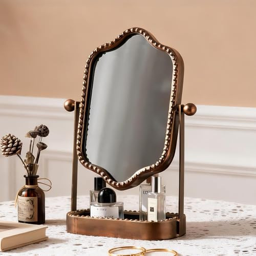 HuiDao Vintage Makeup Mirror with Tray, 360° Rotatable Antique Table Vanity Mirror with Stand, Metal Retro Desktop Dressing Mirror for Home Decor, Countertop, Bedroom, Bathroom, Living Room | Amazon (US)