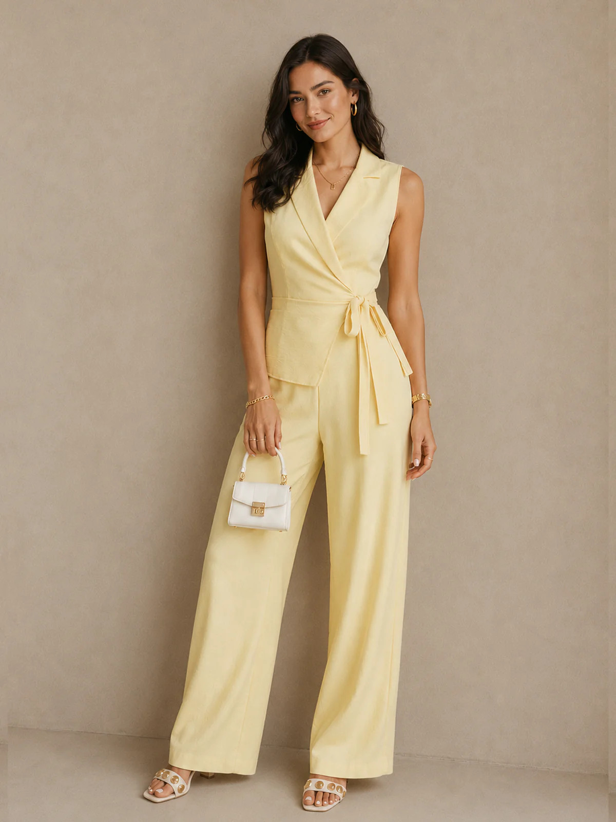 Lapel Wrap Tie Waist Wide Leg Jumpsuit | Commense