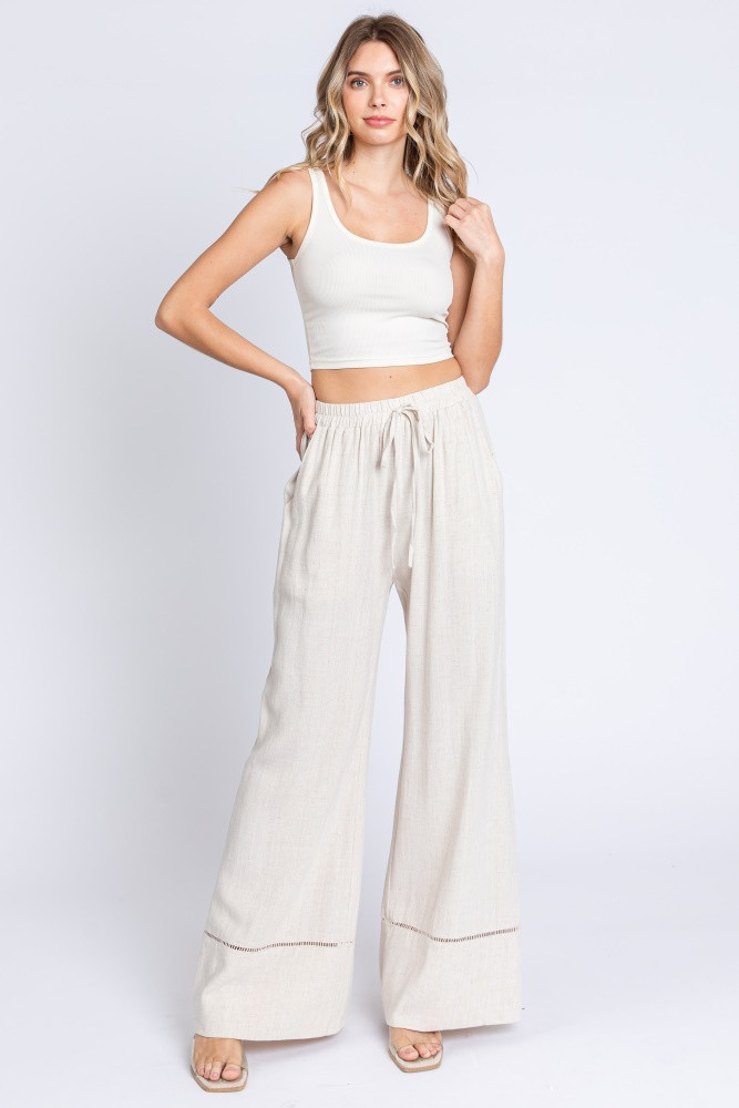 Beige Linen Wide Leg Lace Trim Pants | PinkBlush Maternity