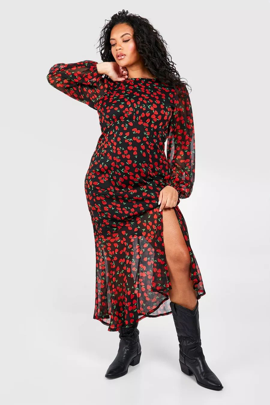 Plus Cherry Print Lined Midi Dress | boohoo (US & Canada)