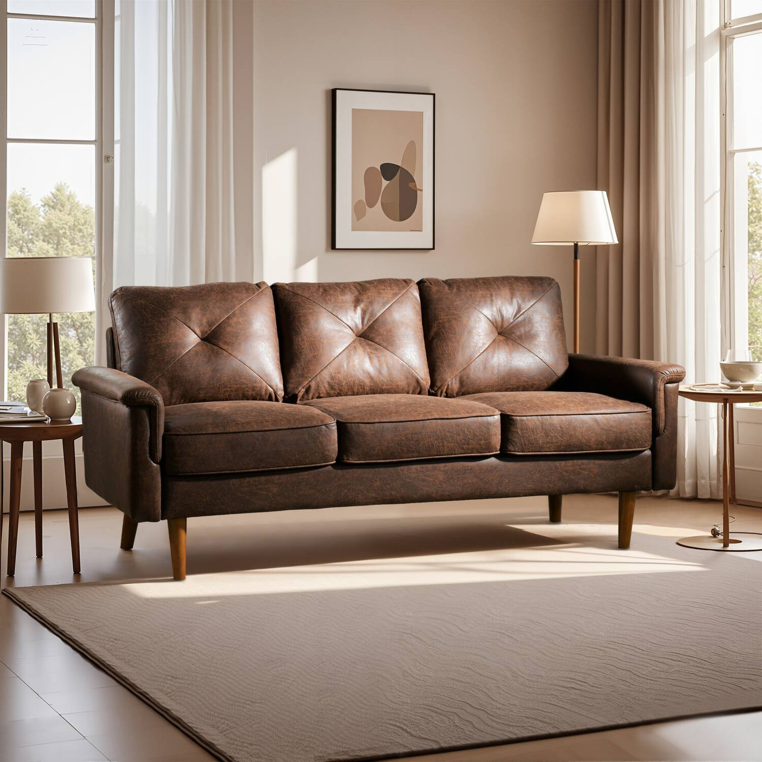 Ovios - 71" Mid-Century Modern Sofa Couch, Luxury 3 Seater Sofa with Comfortable Armrest for Living Room Bedroom - Dark Brown | Best Buy U.S.
