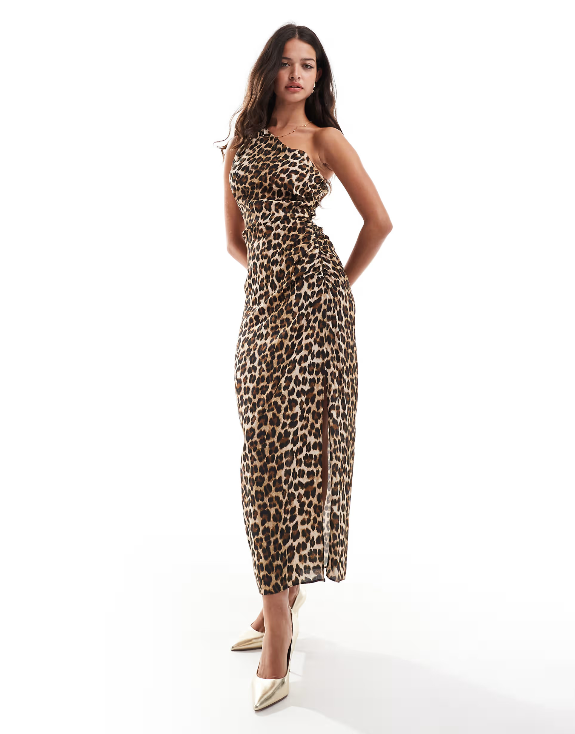 Mango one shoulder midi dress in leopard print | ASOS | ASOS (Global)