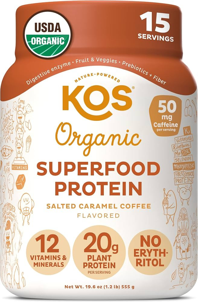 KOS Vegan Protein Powder, Salted Caramel Coffee - Low Carb Pea Protein Blend, Organic Plant Super... | Amazon (US)