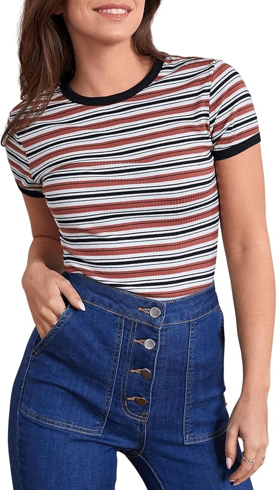 Milumia Women's Casual Multi Striped Ribbed Short Sleeve Solid Tee Knit Top | Amazon (US)