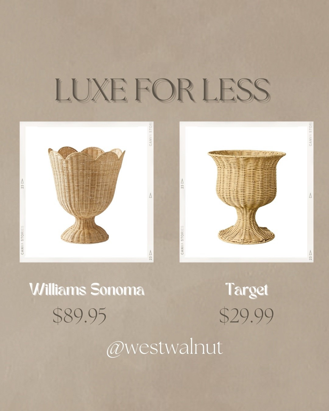 Luxe For Less Outdoor Planter

The outdoor planter on the left from Williams Sonoma is hand woven with eco-friendly rattan. There is also a metal framing and plastic liner for moisture protection.
Dimensions: 18”Dia x 21.5”H

The outdoor planter on the right from Target is rattan style woven polyethylene shaped in a similar wine glass basket sillouette. 
Dimensions: 14.8”Dia x 15.7”H

#patiodecor #outdoorplanter #outdoordecor #modernpatio

#LTKHome