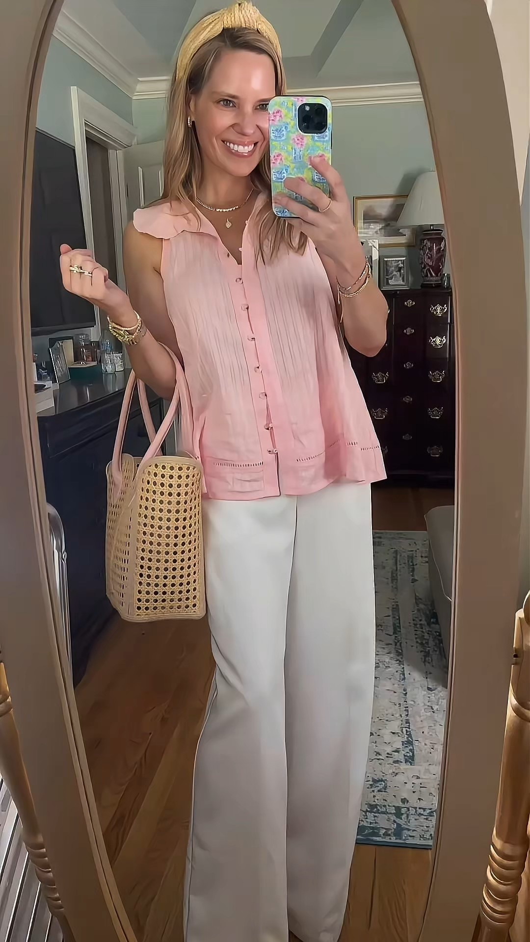 Code PREPPYREBEL for 10% off my Melinda Maria jewelry! ✨

Serving up sweet summer style in the softest shades! This blush pink ruffle-collar sleeveless blouse is a lightweight dream—feminine, flowy, and perfect for sunny days! I paired it with my ivory wide-leg trousers for a breezy coastal chic look, then added blush platform heels to keep it playful and polished.

My woven cane tote with pink handles ties it all together—so cute for brunch, shopping, or vacation strolls! Finished off with a raffia headband and my gold Melinda Maria jewelry stack to elevate the outfit with a subtle sparkle!

Outfit details:
	•	Blush ruffle-sleeve button-down top
	•	Ivory wide-leg trousers
	•	Pink platform heels
	•	Woven cane tote with blush accents
	•	Raffia headband
	•	Melinda Maria jewelry (code PREPPYREBEL for 10% off!)

Perfect for: summer brunch, girls’ day out, coastal vacations, or soft glam everyday looks!

#melindamariajewelry #LTKsummer #coastalstyle #brunchoutfit #softfeminine #blushpink #resortvibes #LTKunder100 #chicstyle #vacationlook


#LTKOver40 #LTKFindsUnder50 #LTKFindsUnder100