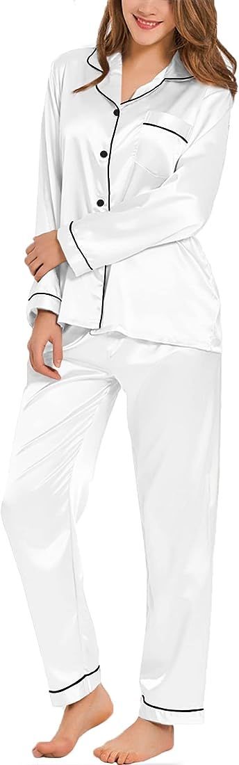 SWOMOG Womens Silk Satin Pajamas Long Sleeve Loungewear Two-piece Sleepwear Button-Down Pj Set Ch... | Amazon (US)