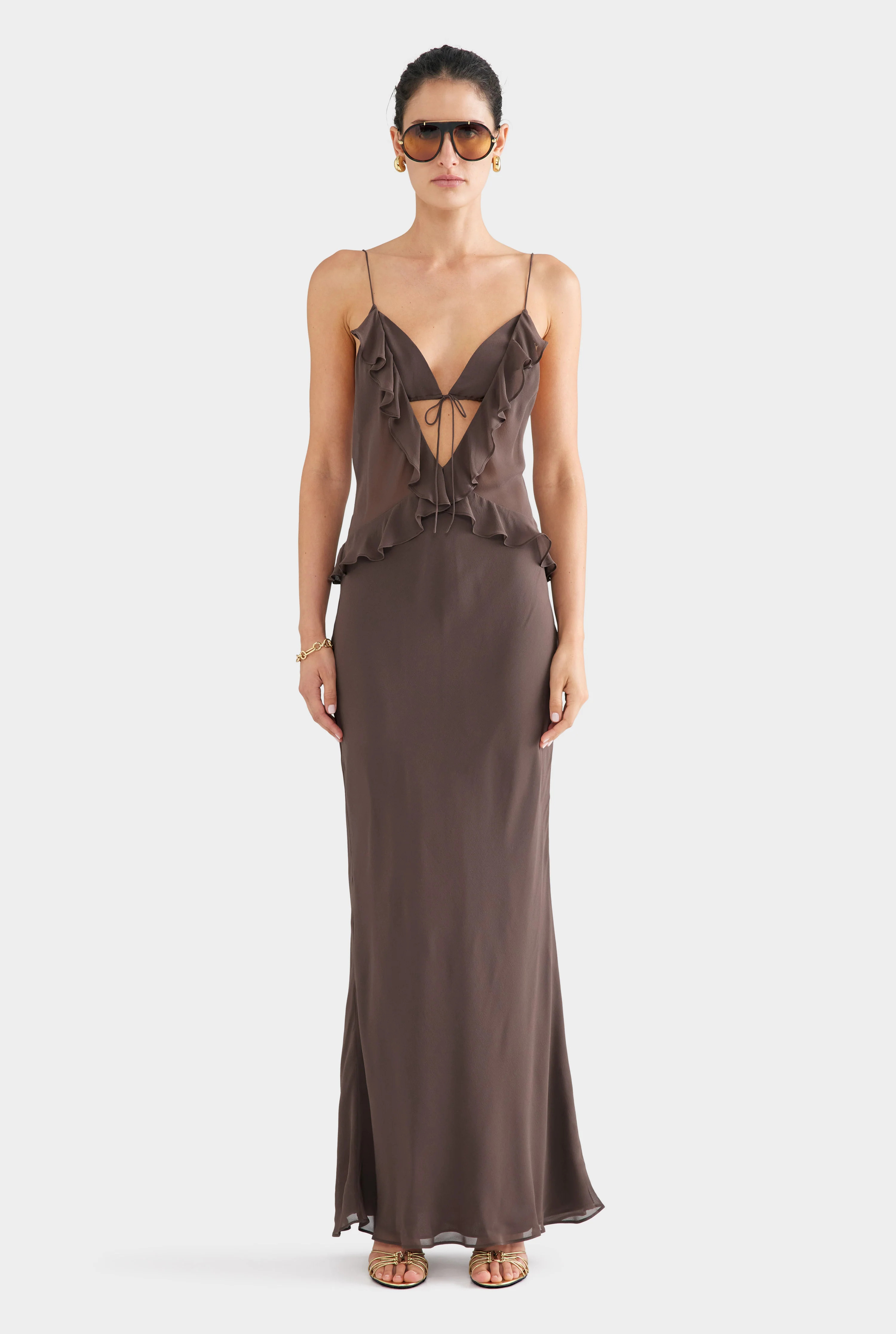 Silk Bralette Ruffle Maxi Dress Chocolate | Venroy | Venroy AU